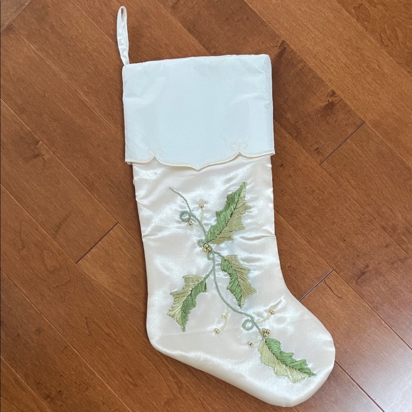 Martha Stewart Other - Vintage Martha Stewart Satin Cream Stocking with Green Holly Embroidery